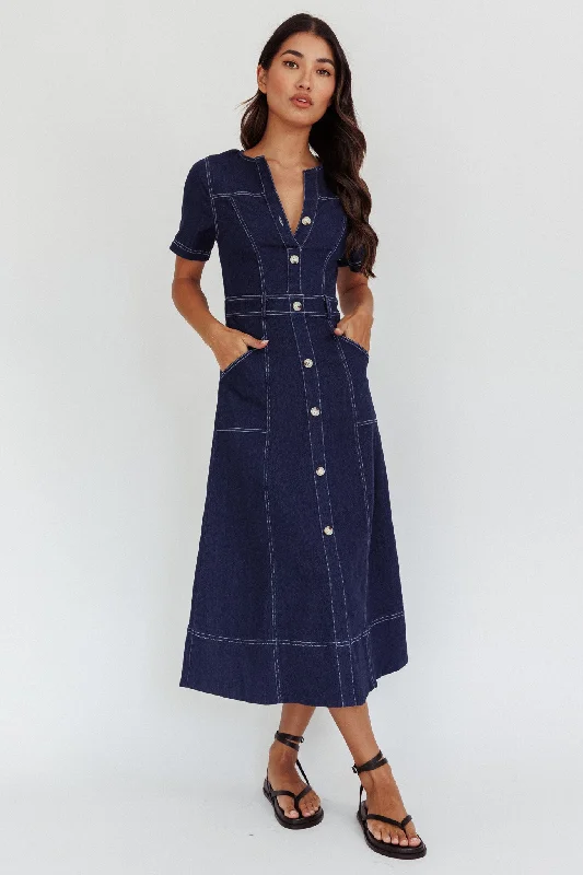 Aspen Love Front Pocket Midi Dress Indigo