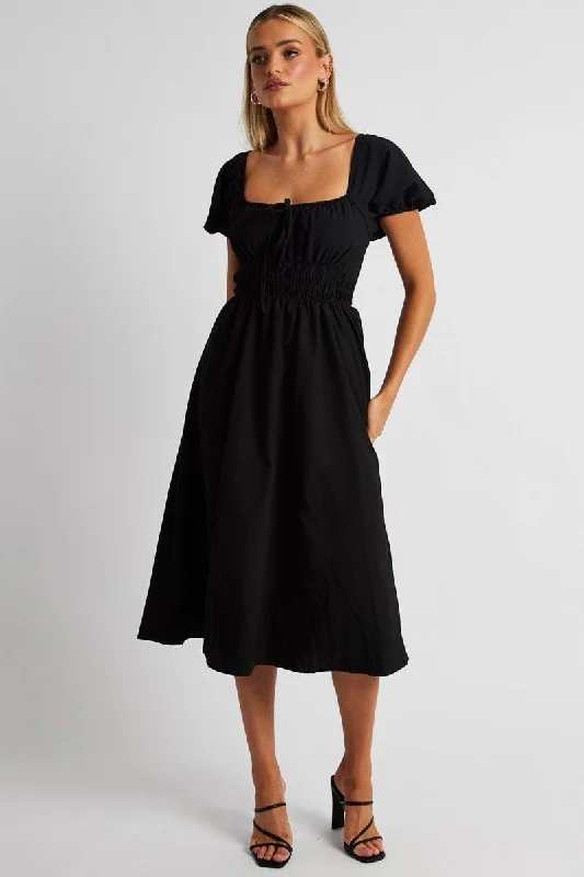 Black Midi Dress Short Sleeve Ruched Bust