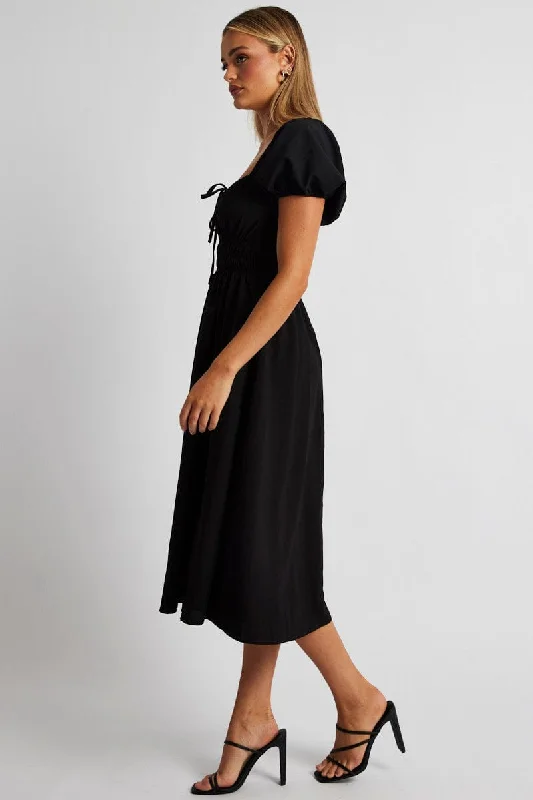 Black Midi Dress Short Sleeve Ruched Bust