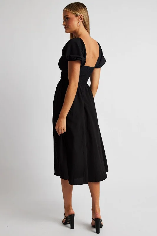 Black Midi Dress Short Sleeve Ruched Bust