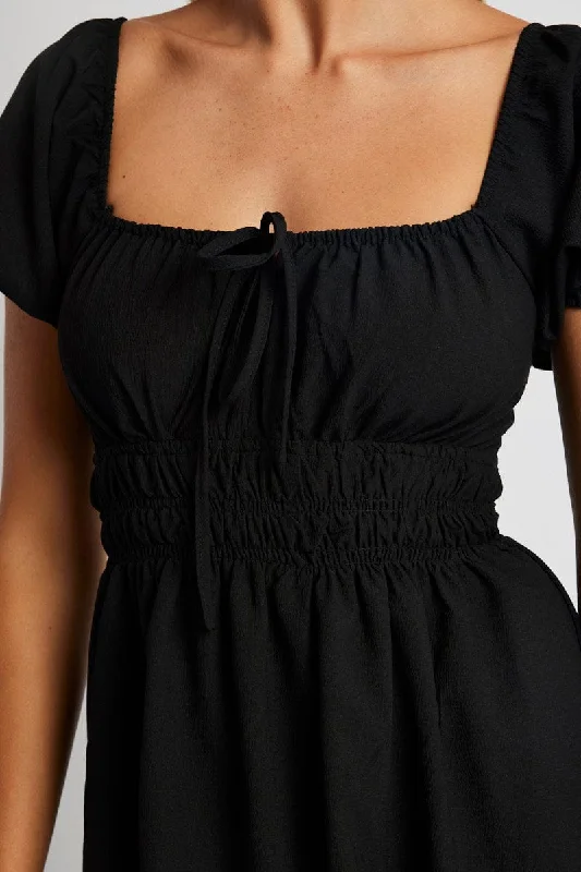 Black Midi Dress Short Sleeve Ruched Bust