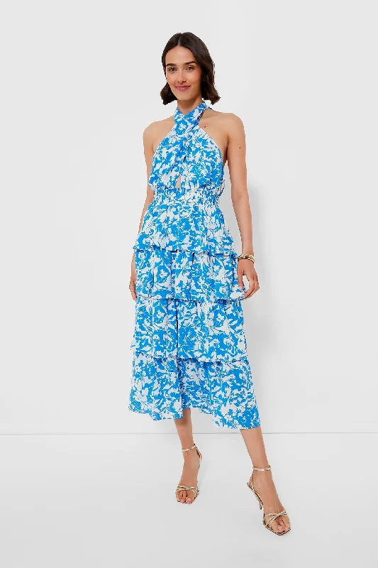 Blue and White Floral Halter Neck Jenny Midi Dress