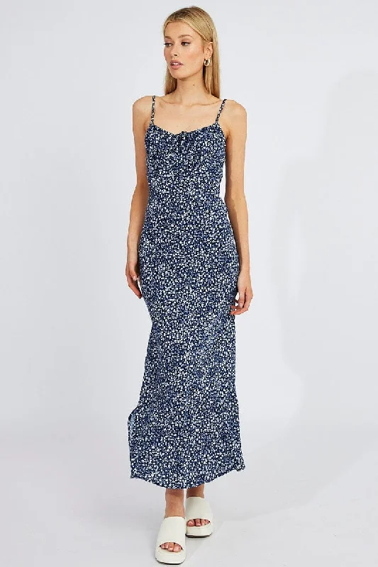 Blue Floral Midi Dress Gathering Bust Sleeveless