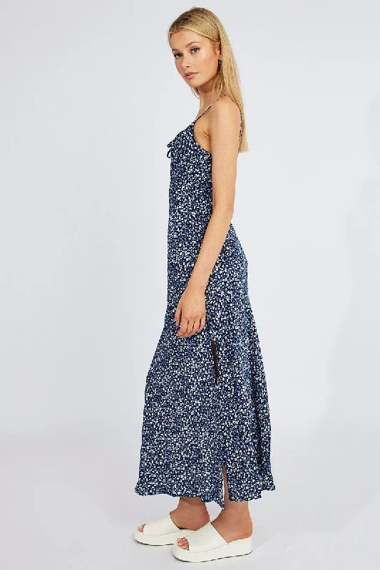 Blue Floral Midi Dress Gathering Bust Sleeveless