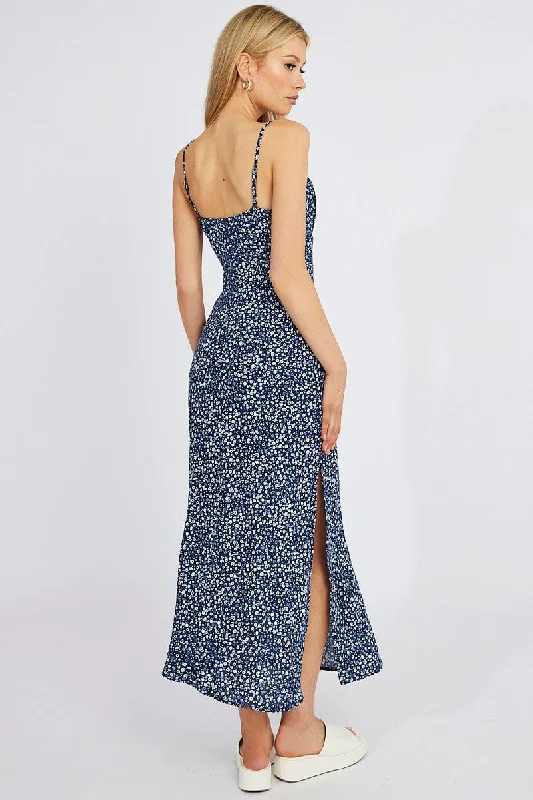 Blue Floral Midi Dress Gathering Bust Sleeveless