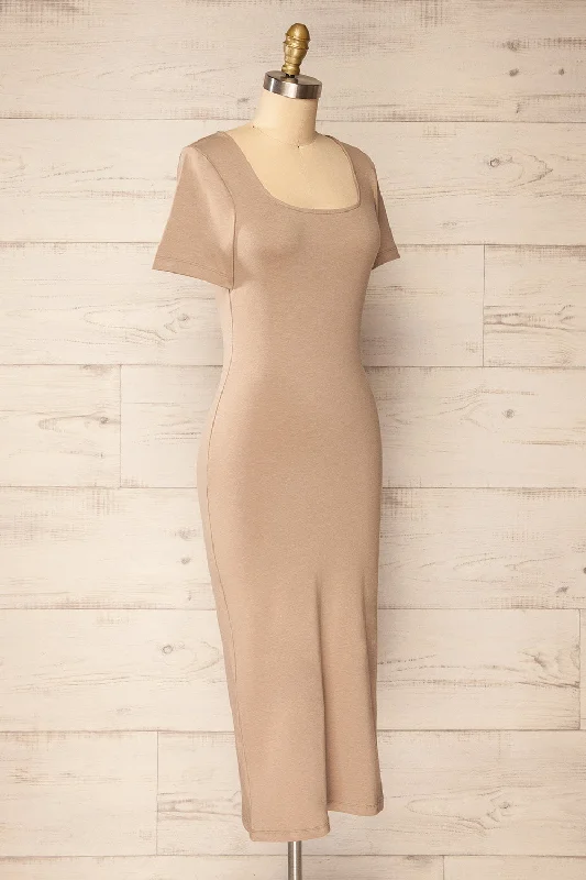 Bogota Taupe | Short Sleeve Midi Dress w/ Square Neckline