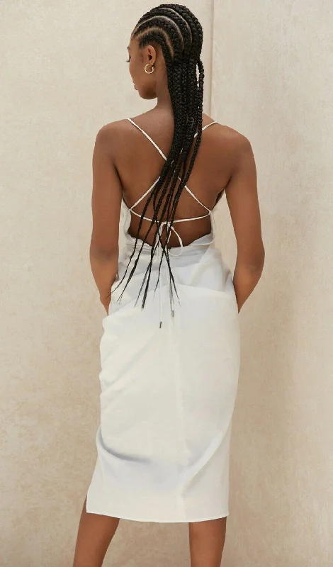 COTTON CROSS BACK WRAP MIDI DRESS IN WHITE