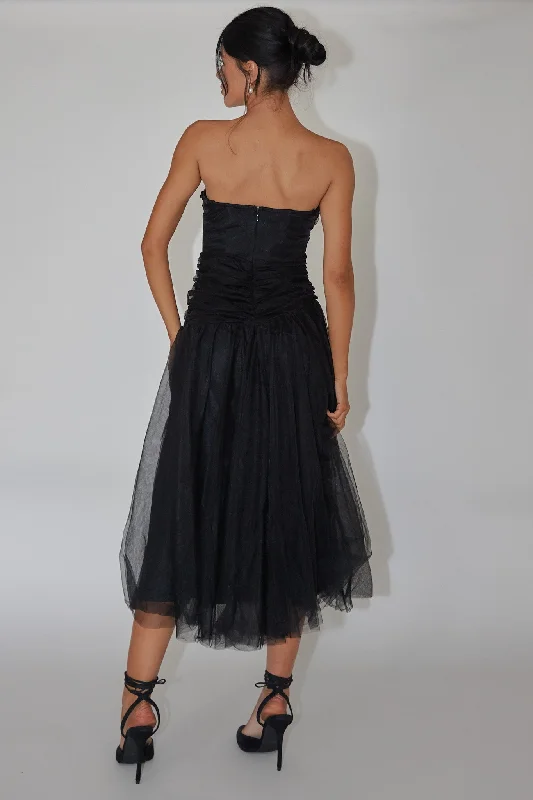 Daphnie Drop Waist Tulle Midi Dress Black