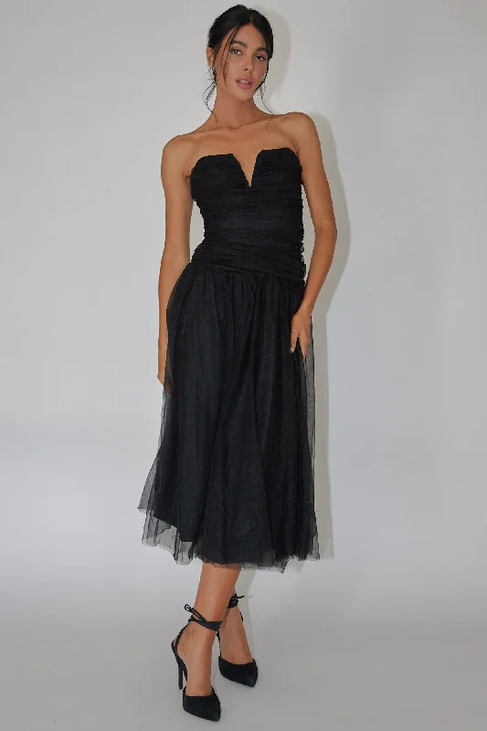 Daphnie Drop Waist Tulle Midi Dress Black