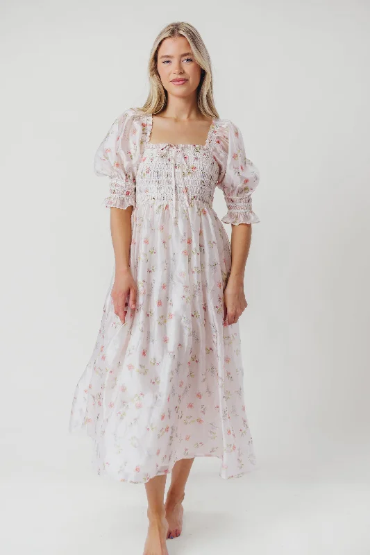 Rebecca Joy Smocked Midi Dress in Pink Roses - Bump Friendly & Inclusive Sizing (S-3XL)