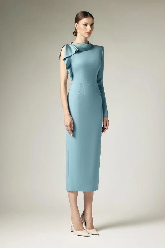 Freda Sheath Asymmetric Sleeved Crepe Calf Length Dress