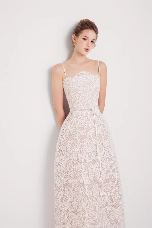 Gladys A-line Sleeveless Mesh Lace Midi Dress