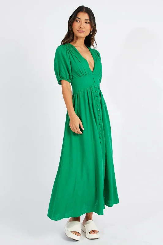 Green Midi Dress Puff Sleeve