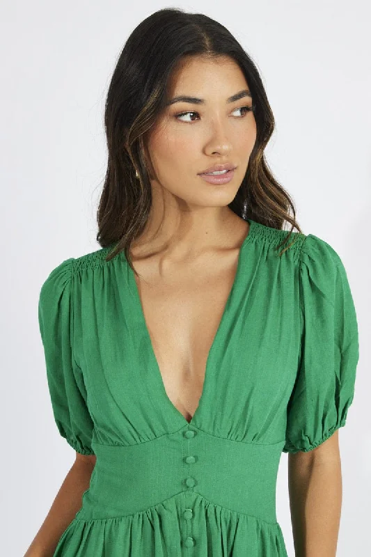 Green Midi Dress Puff Sleeve