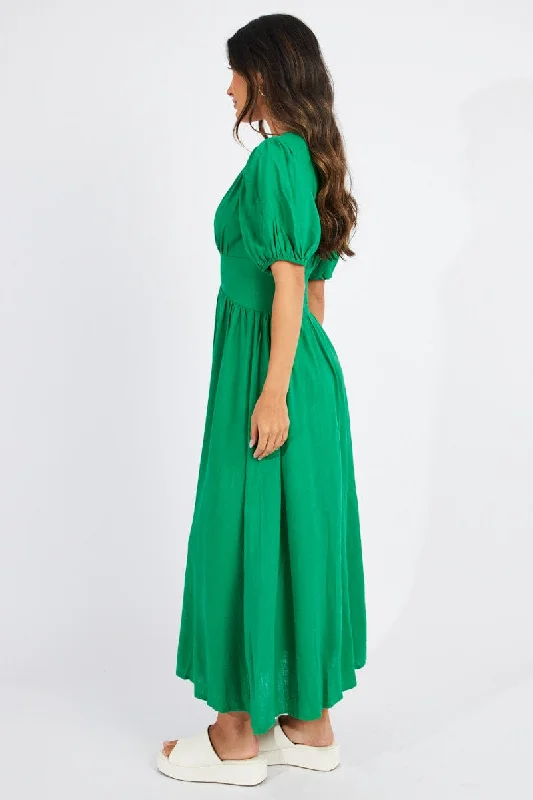 Green Midi Dress Puff Sleeve