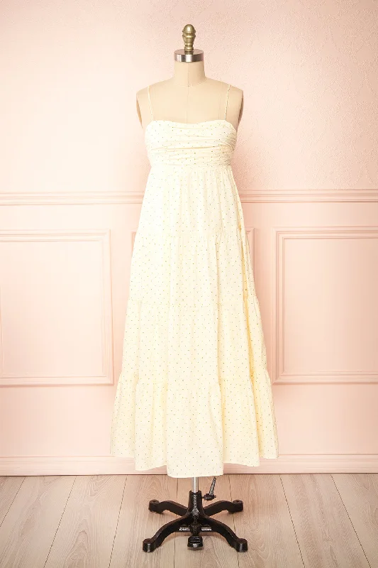 Hella | Tiered Beige Midi Dress w/ Polka Dots