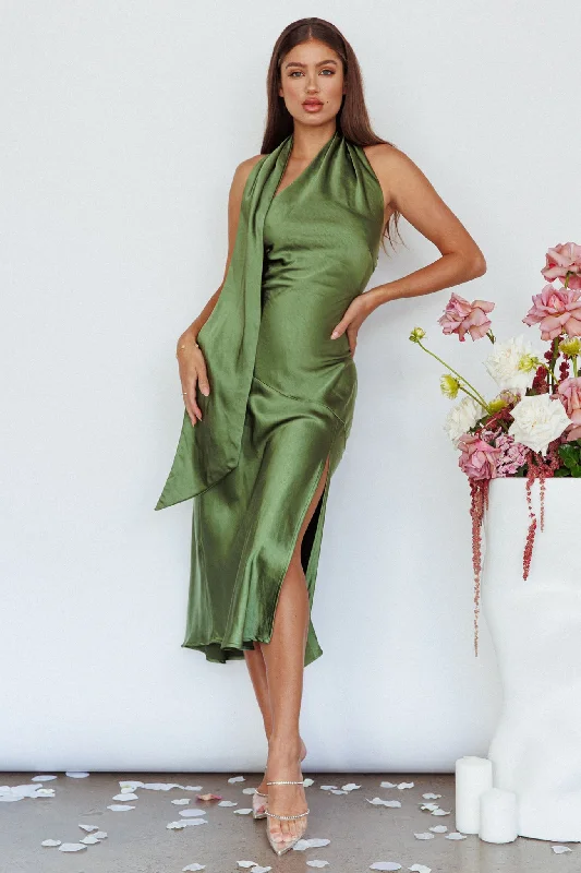 Italian Summer Tie Neck Midi Dress Olive