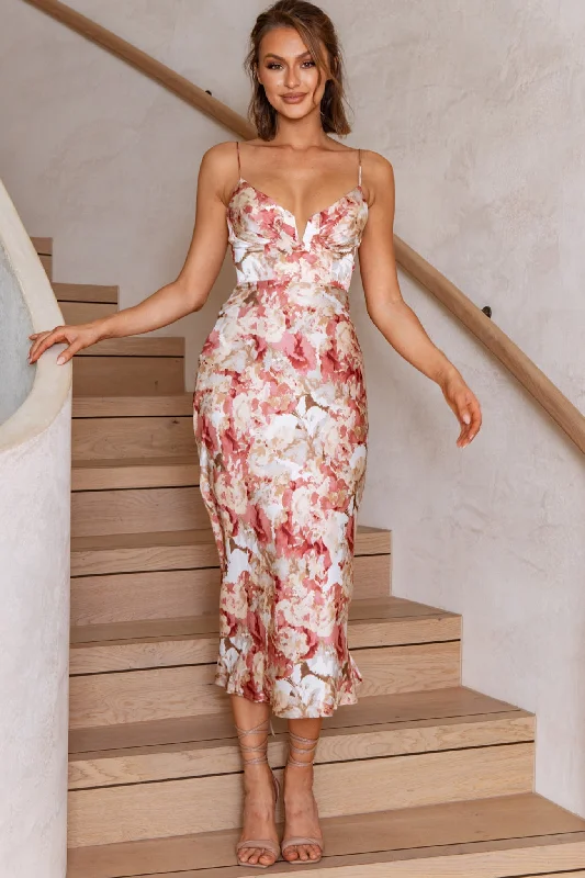 Lake Como Fitted Bodice Cami Strap Midi Dress Abstract Print Rose