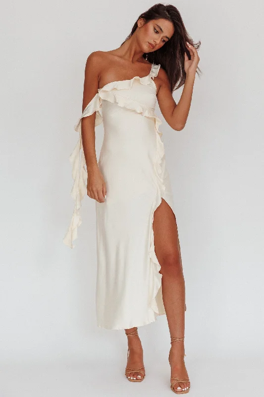 Like Yesterday Satin Ruffle Midi Dress Butter