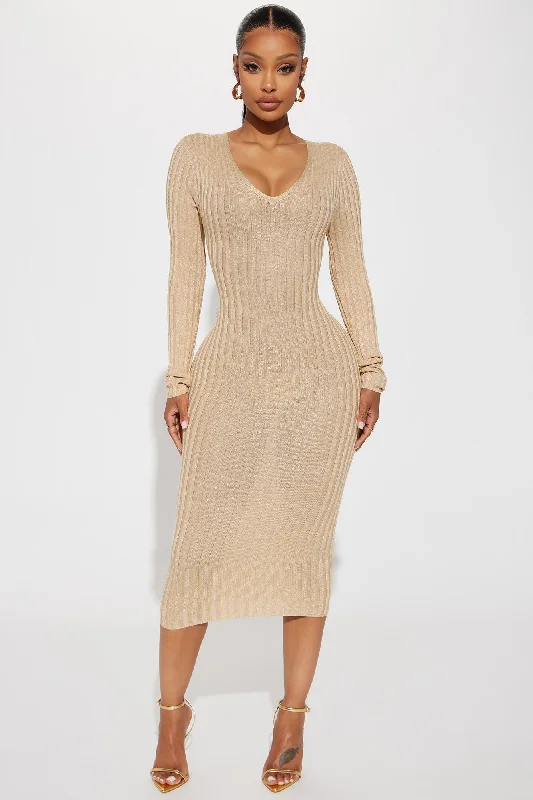 Luscious Perception Double V-Neckline Midi Dress - Nude