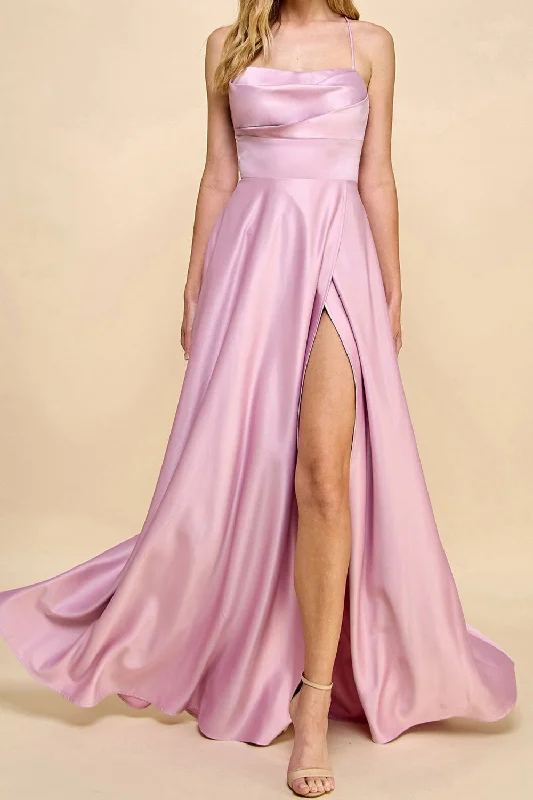 Marlys Mauve | Cowl Neck Satin Maxi Dress w/ High Slit