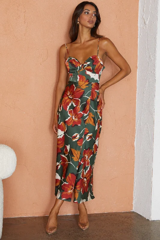 Missoula Cami Strap Padded Bust Midi Dress Floral Print Green