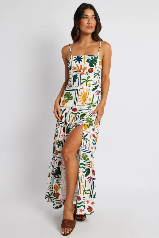 Multi Abstract Midi Dress Strappy Cutout Linen Blend