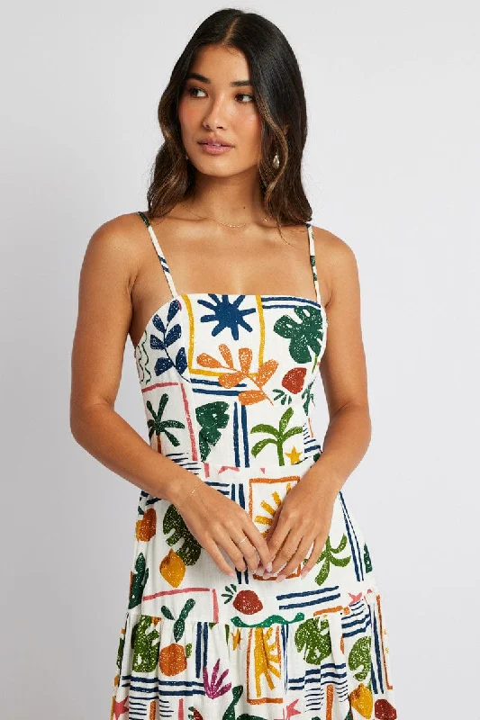 Multi Abstract Midi Dress Strappy Cutout Linen Blend