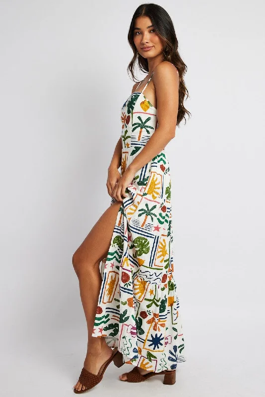 Multi Abstract Midi Dress Strappy Cutout Linen Blend