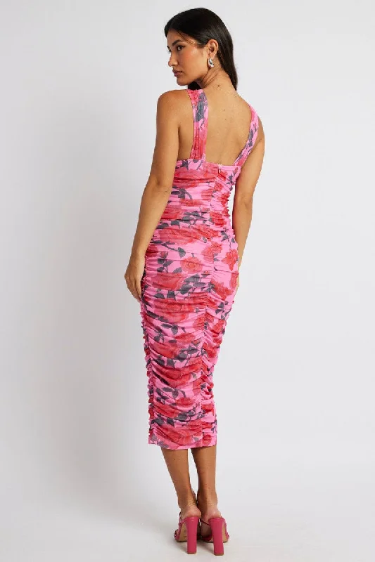 Multi Floral Midi Dress Rose Mesh Ruched V Wire