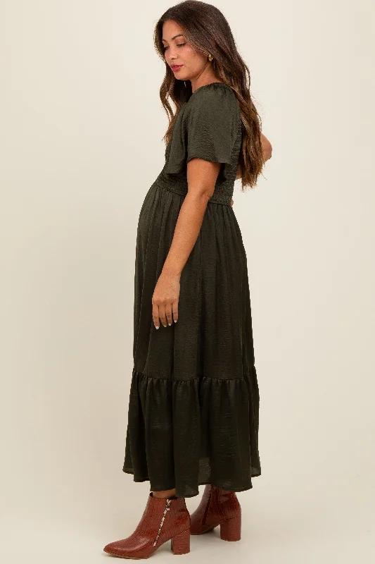 Olive Satin Smocked Maternity Midi Dress