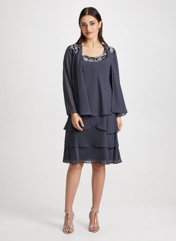 Sequin Trim Chiffon Dress & Jacket Set