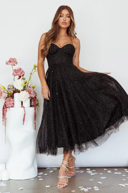 Smitten Sweetheart Neckline Chiffon Midi Dress Black Sparkle