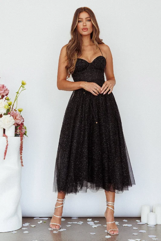 Smitten Sweetheart Neckline Chiffon Midi Dress Black Sparkle