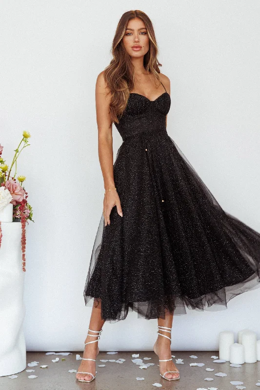 Smitten Sweetheart Neckline Chiffon Midi Dress Black Sparkle