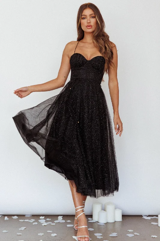 Smitten Sweetheart Neckline Chiffon Midi Dress Black Sparkle