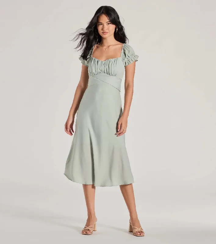 Sure To Adore Puff Sleeve A-Line Midi Dress