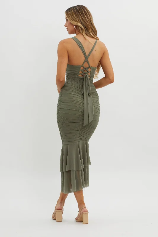 Surreal Lace-Up Back Ruched Midi Dress Olive