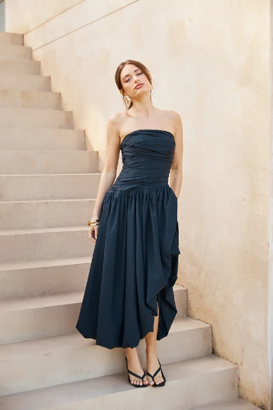 Wedded Romance Strapless Bubble Midi Dress Black