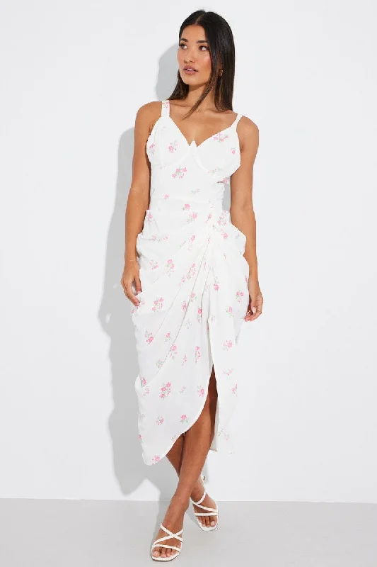 White Floral Draped Midi Dress Corset Detail Tie Shoulder