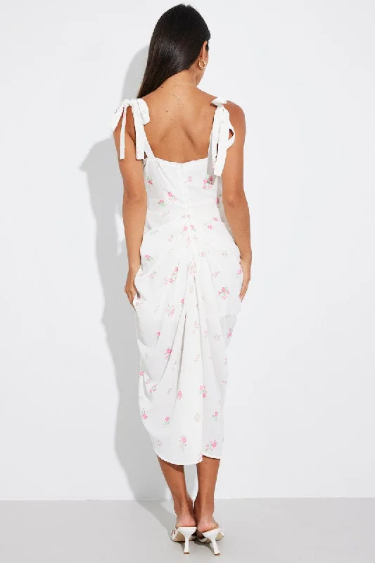 White Floral Draped Midi Dress Corset Detail Tie Shoulder