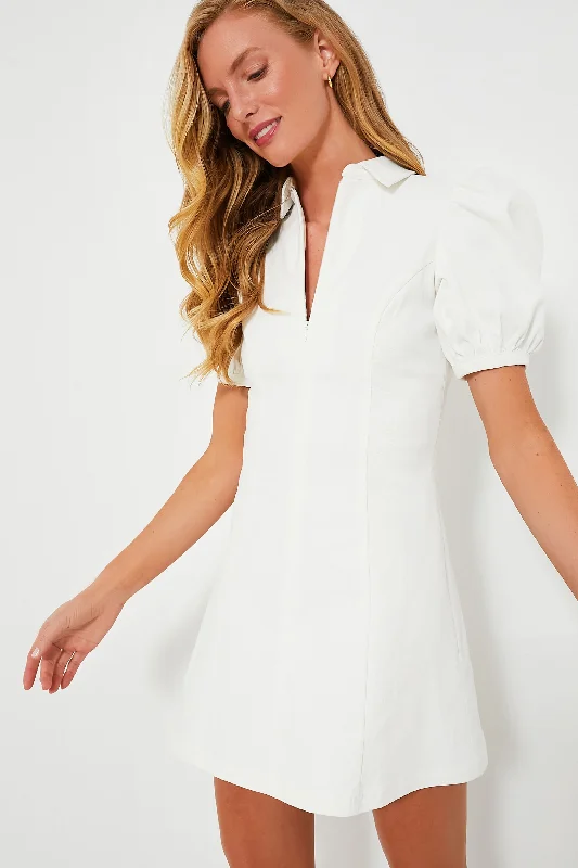 White Front Zip Denim Mini Dress