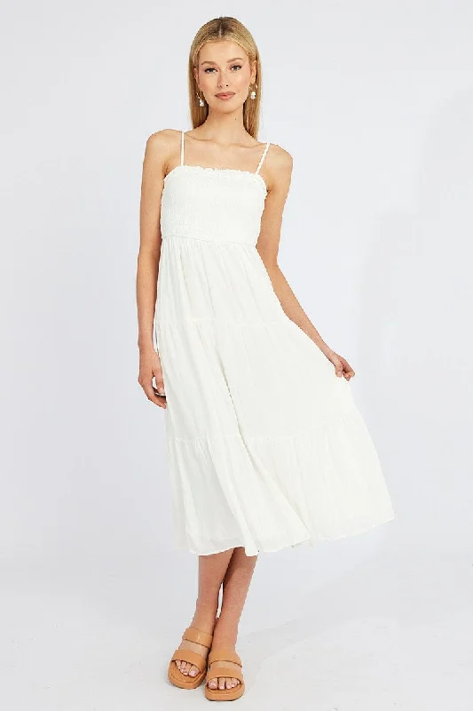 White Midi Dress Sleeveless Shirred Tie Back