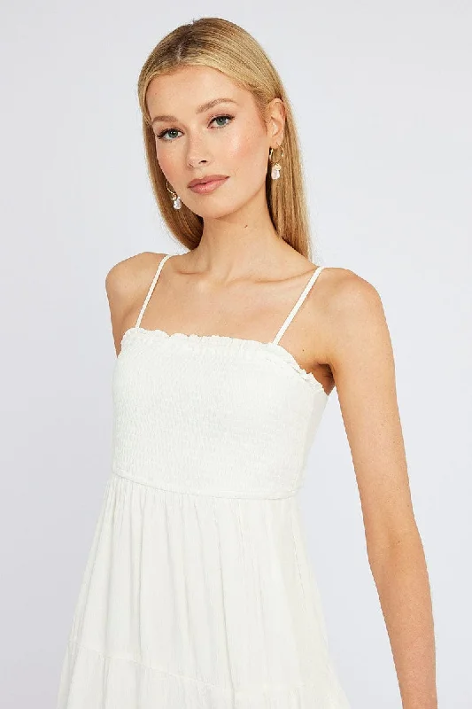 White Midi Dress Sleeveless Shirred Tie Back