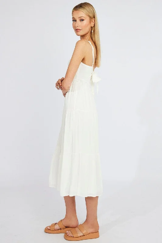 White Midi Dress Sleeveless Shirred Tie Back