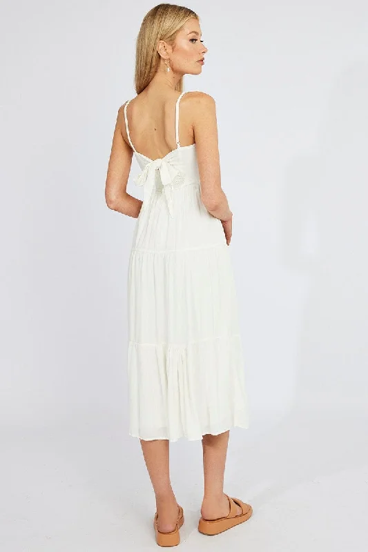 White Midi Dress Sleeveless Shirred Tie Back