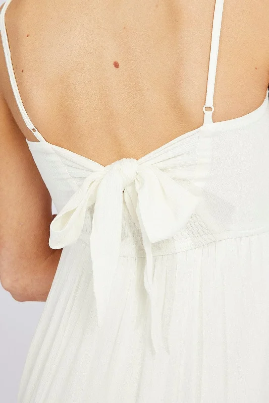 White Midi Dress Sleeveless Shirred Tie Back