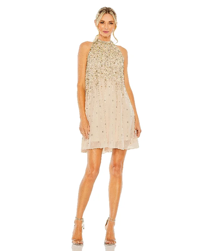 High Neck Sleeveless Sequin Embellished Trapeze A Line Dress