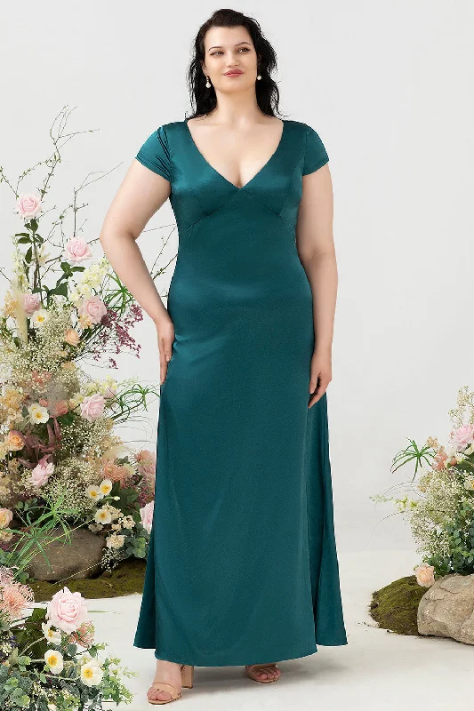 A Line V Neck Dark Green Plus Size Bridesmaid Dress with Open Back