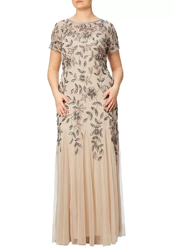 Beige Godet Floral Embellished Gown